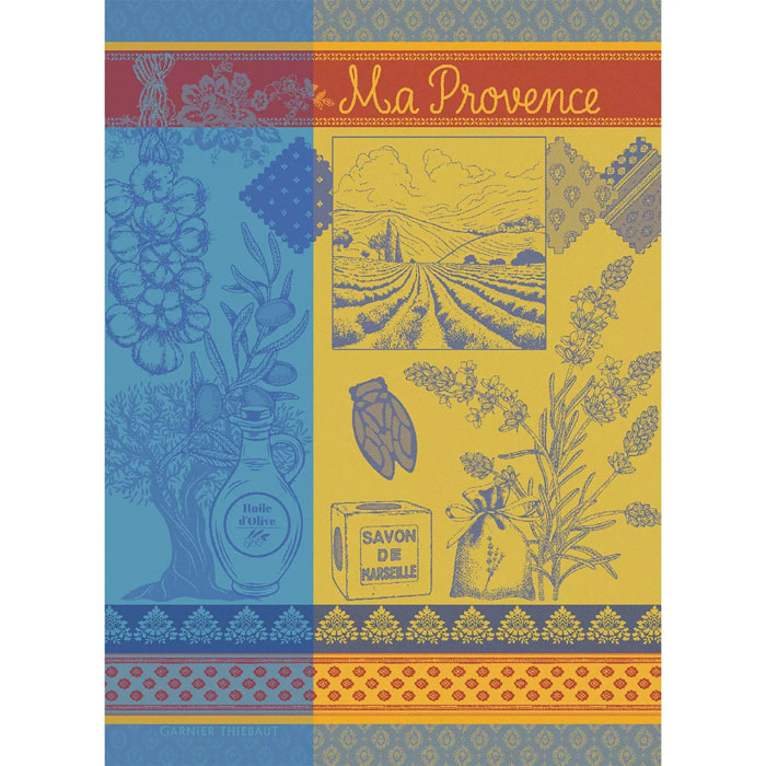 Torchon pur coton motif jacquard bleu jaune Ma provence curry