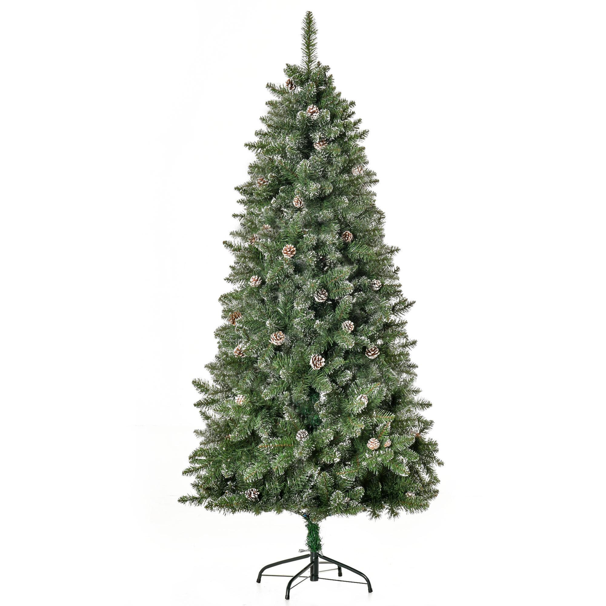 Sapin de Noël artificiel aspect enneigé Ø 86 x 180H cm 50 pommes de pin 718 branches épines imitation Nordmann grand réalisme