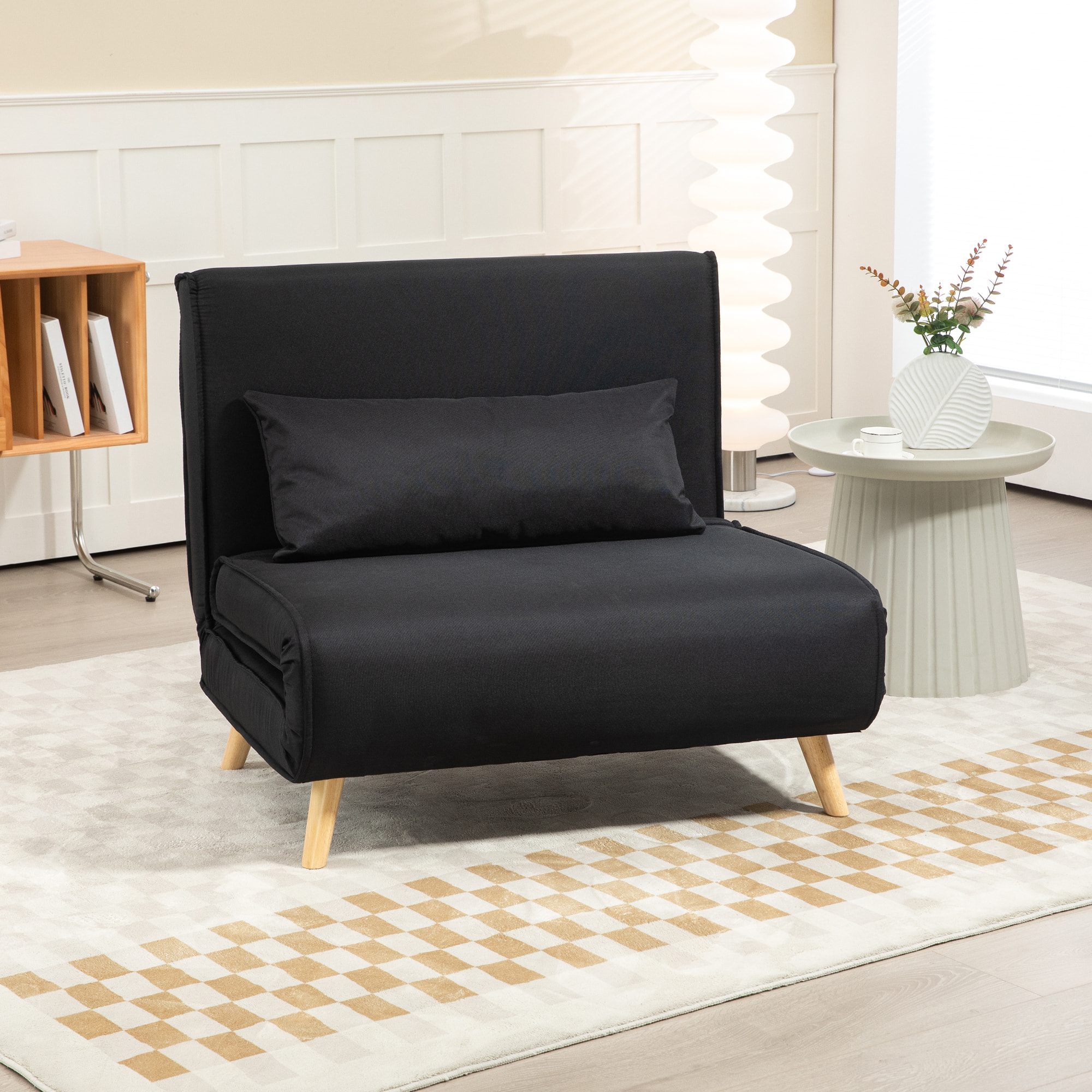 Sofá Cama Individual 3 en 1, Sillón Cama Plegable con Respaldo Ajustable en 6 Posiciones, Asiento Amplio, Almohada Acolchada, Patas de Madera, Carga 350 kg, 94x78x80 cm, Negro
