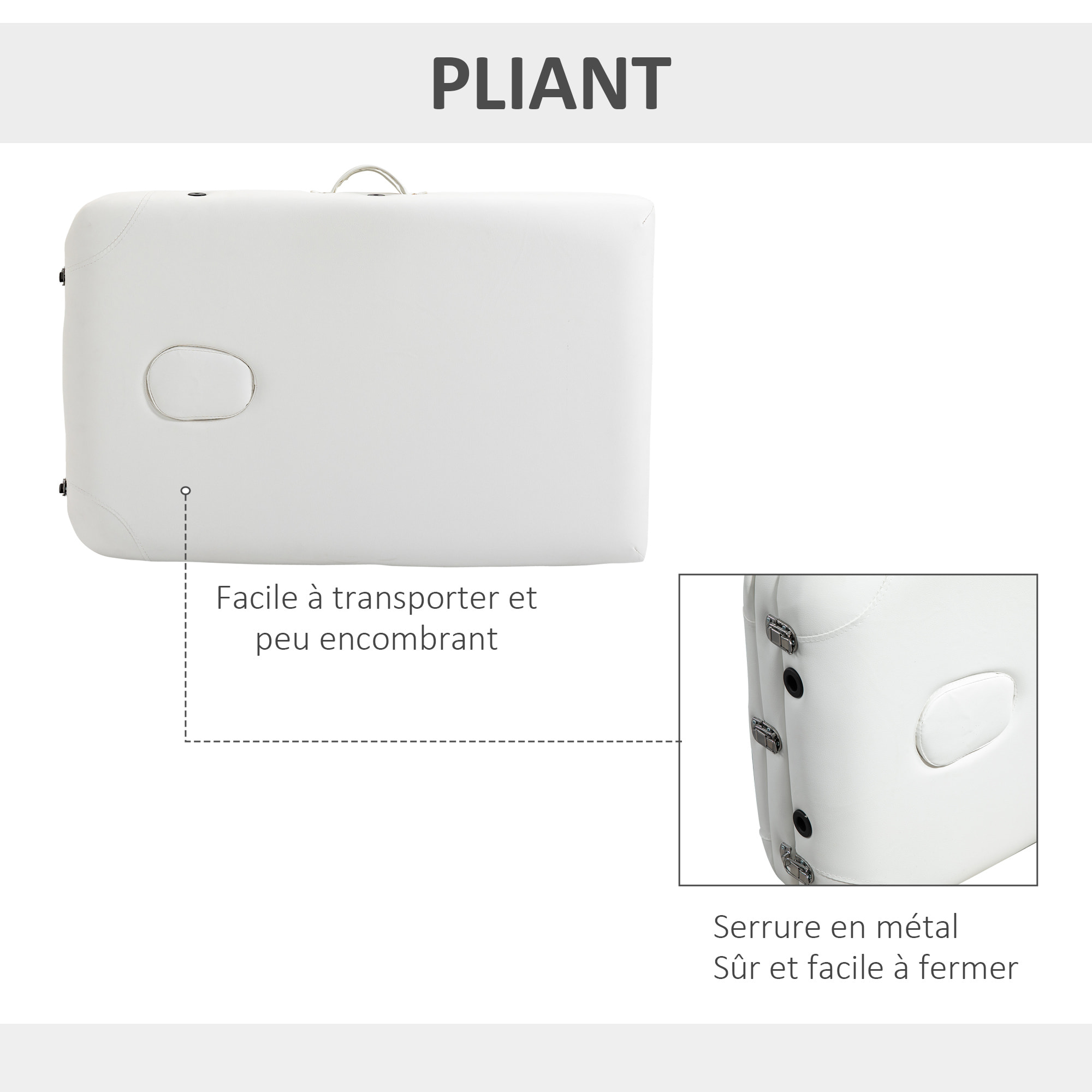 Table de massage pliable 3 zones hauteur réglable dim. 215L x 60l x 61-84H cm alu. synthétique PVC blanc