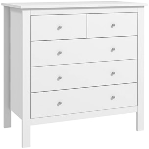 Commode 5 tiroirs style contemporain dim. 79L x 39,5l x 80,5H cm poignées boutons métal MDF blanc