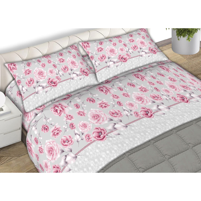 Completo Lenzuola In Flanella Rose Lilla CNMisura Letto Matrimoniale