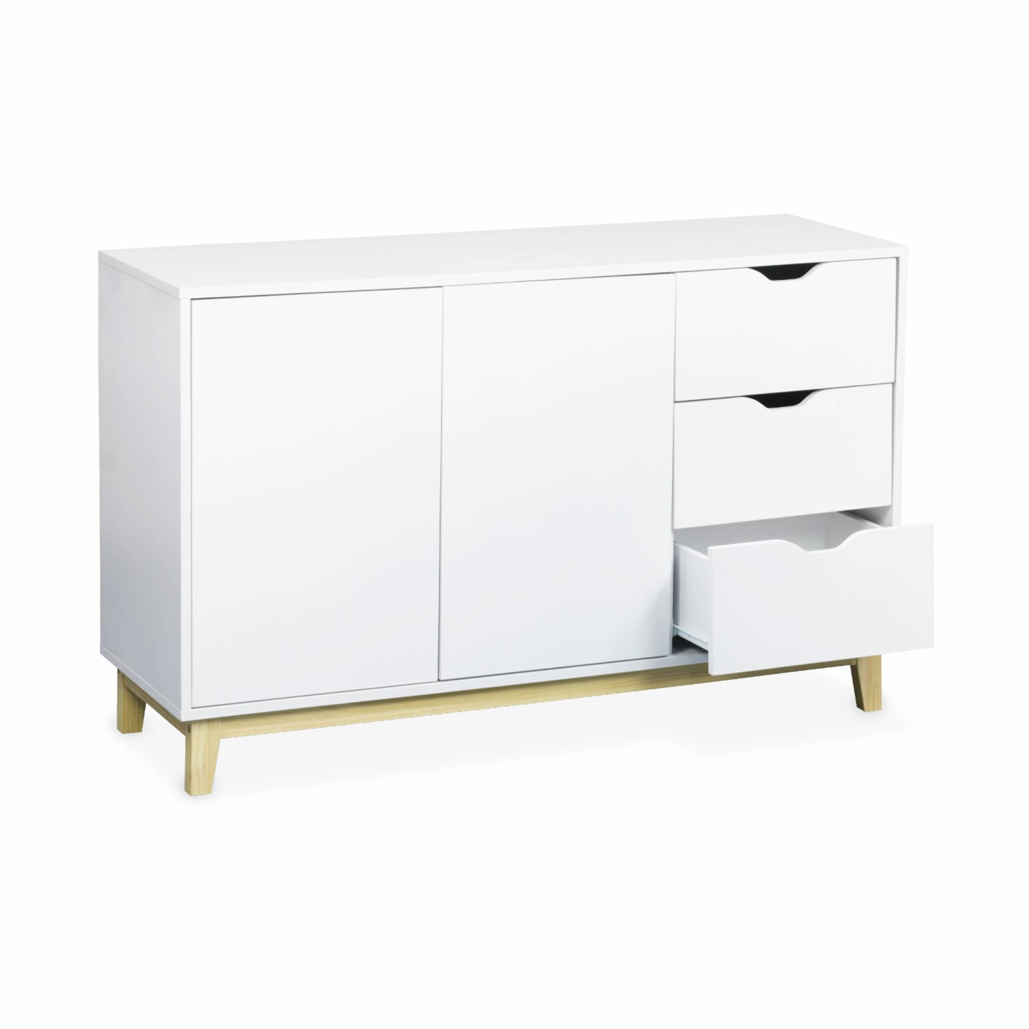 Buffet de rangement blanc. pieds bois - Floki - avec 3 tiroirs. buffet 2 portes. buffet bas. 120x40x75 cm