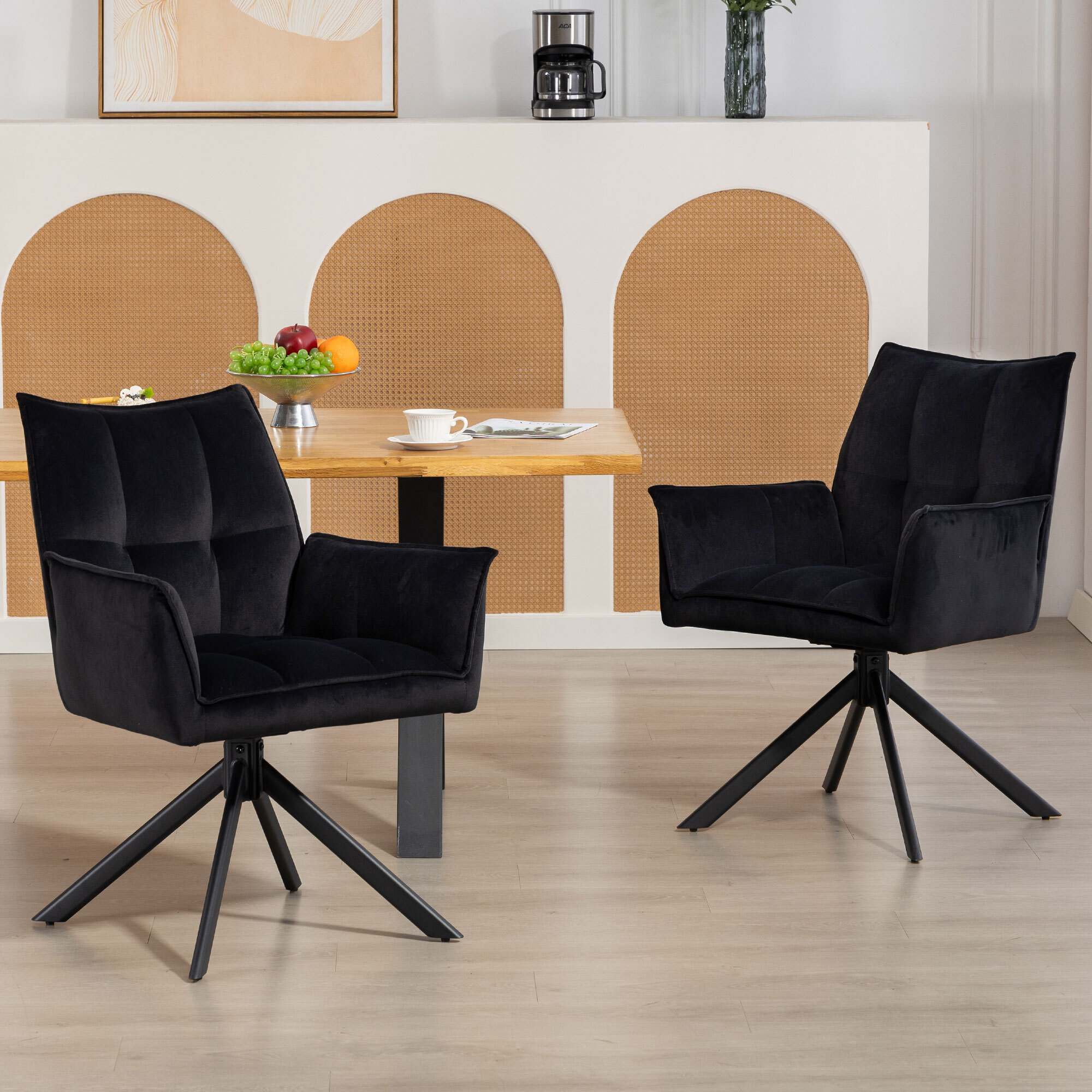 Juego de 2 Sillas de Comedor Giratorias 360°, Sillas de Cocina con Reposabrazos, Respaldo Acolchado, Tapizado en Terciopelo, Patas de Acero, para Oficina, Conferencia, Sala de Estar, Negro