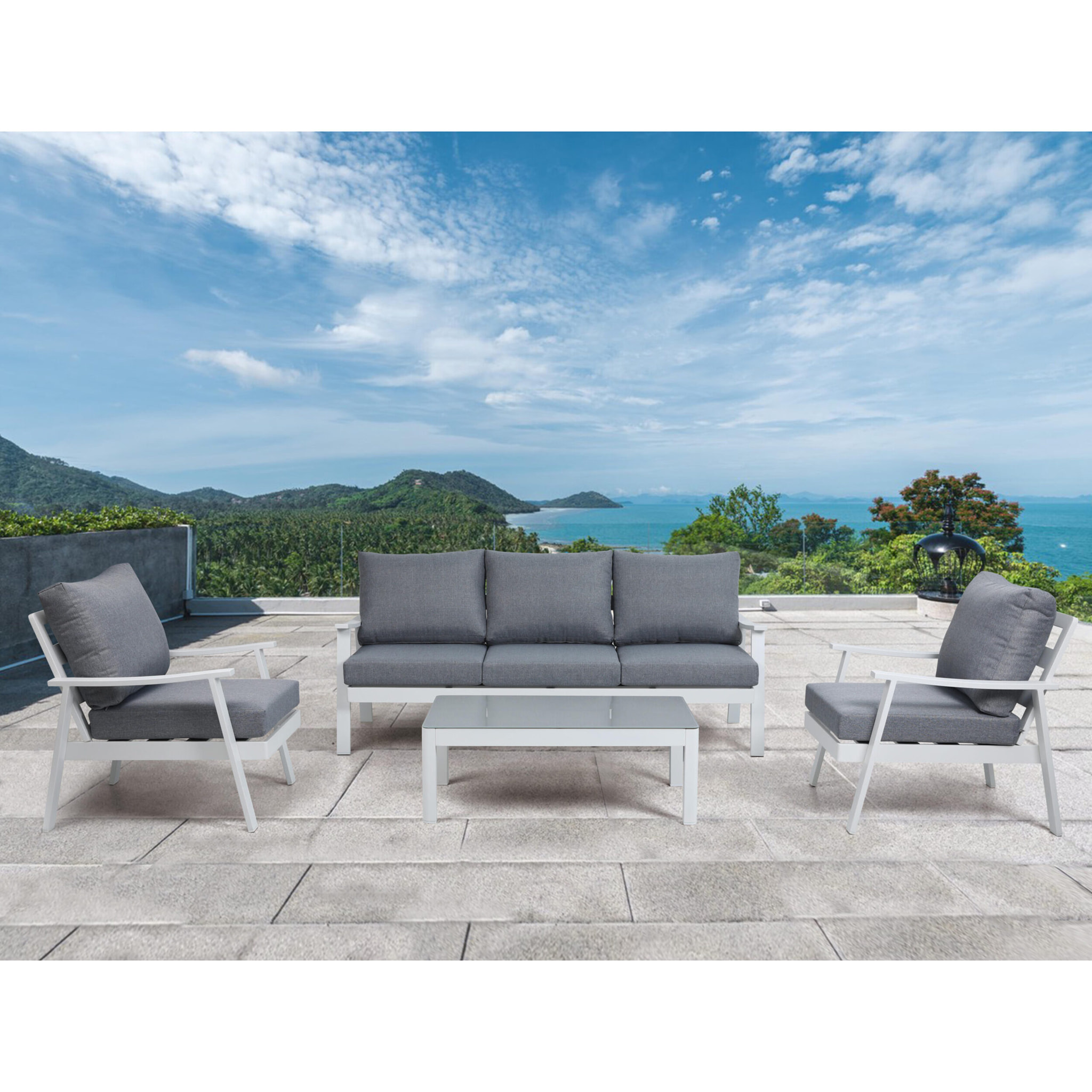 Set de jardín – Aluminio blanco y cojines grises