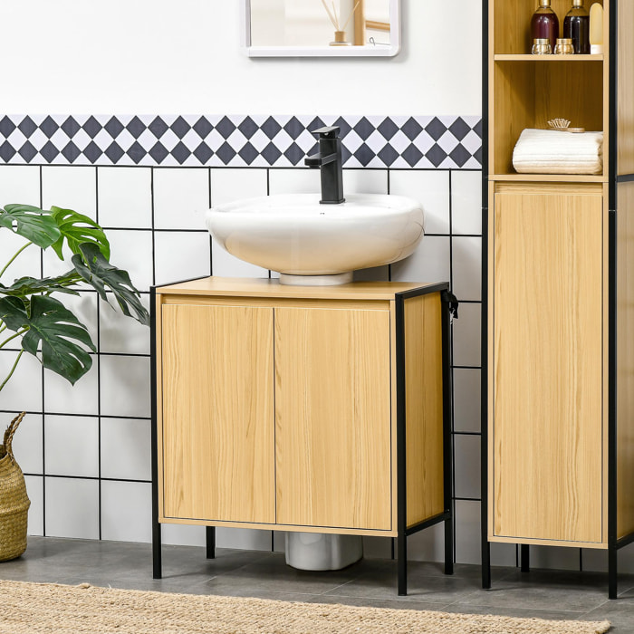 Mueble para Debajo del Lavabo Armario de Suelo para Baño de Madera con 2 Puertas y Estante Ajustable Interior Estilo Industrial Antivuelco 60x30x65,2 cm Roble