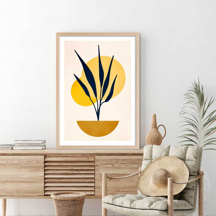 Affiche dessin ""plante cubique"" Affiche + cadre en bois - Chêne