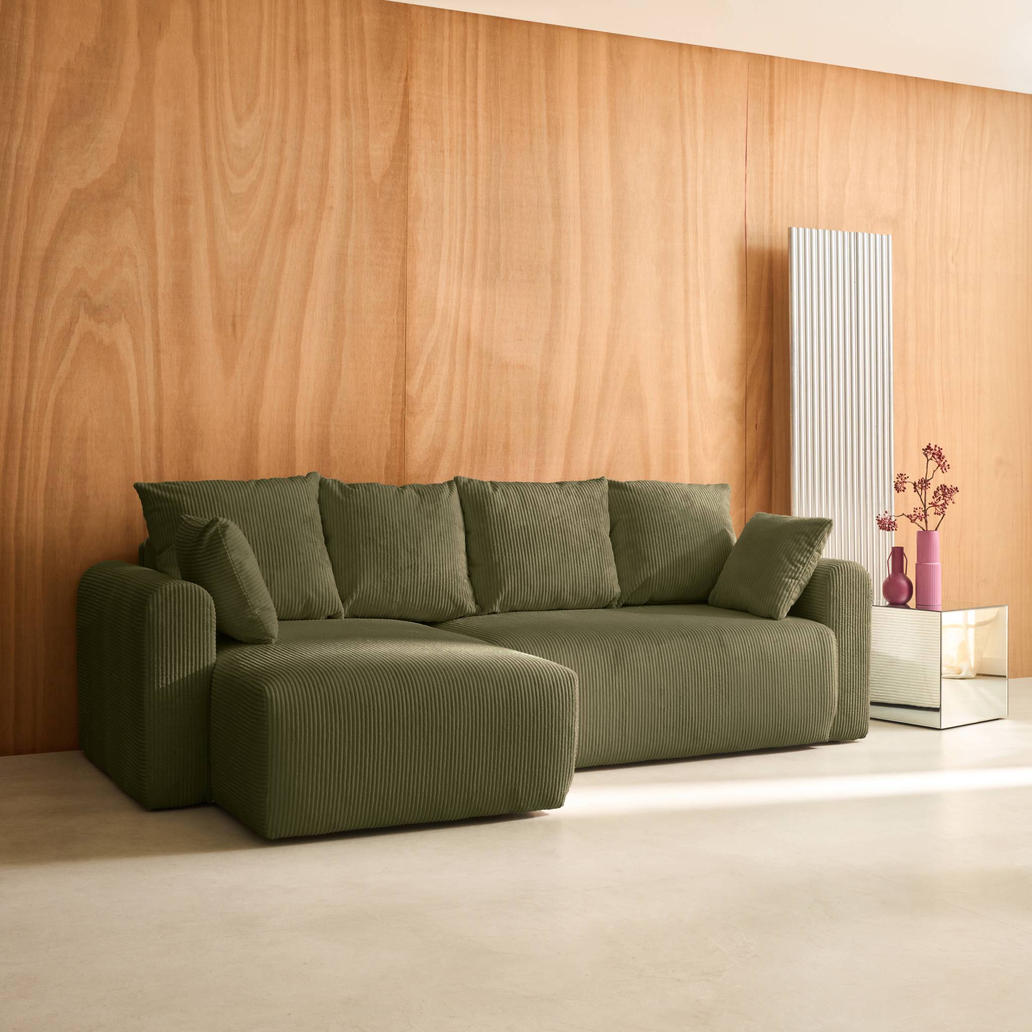 Canapé d'angle convertible réversible 3 places velours côtelé kaki avec coffre de rangement - Almo