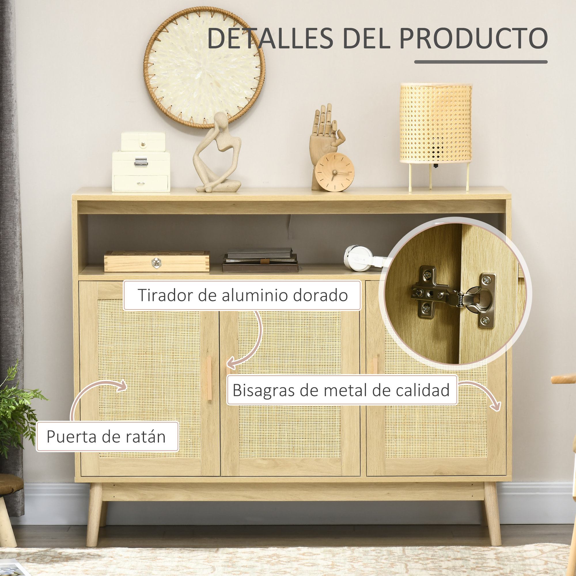 Aparador de Cocina de Estilo Boho Mueble Buffet Auxiliar con 3 Puertas de Ratán Estantes Ajustables y Patas de Madera para Salón Comedor 120x40x97 cm Natural