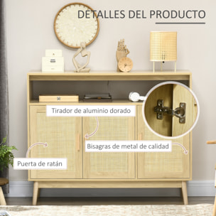 Aparador de Cocina de Estilo Boho Mueble Buffet Auxiliar con 3 Puertas de Ratán Estantes Ajustables y Patas de Madera para Salón Comedor 120x40x97 cm Natural