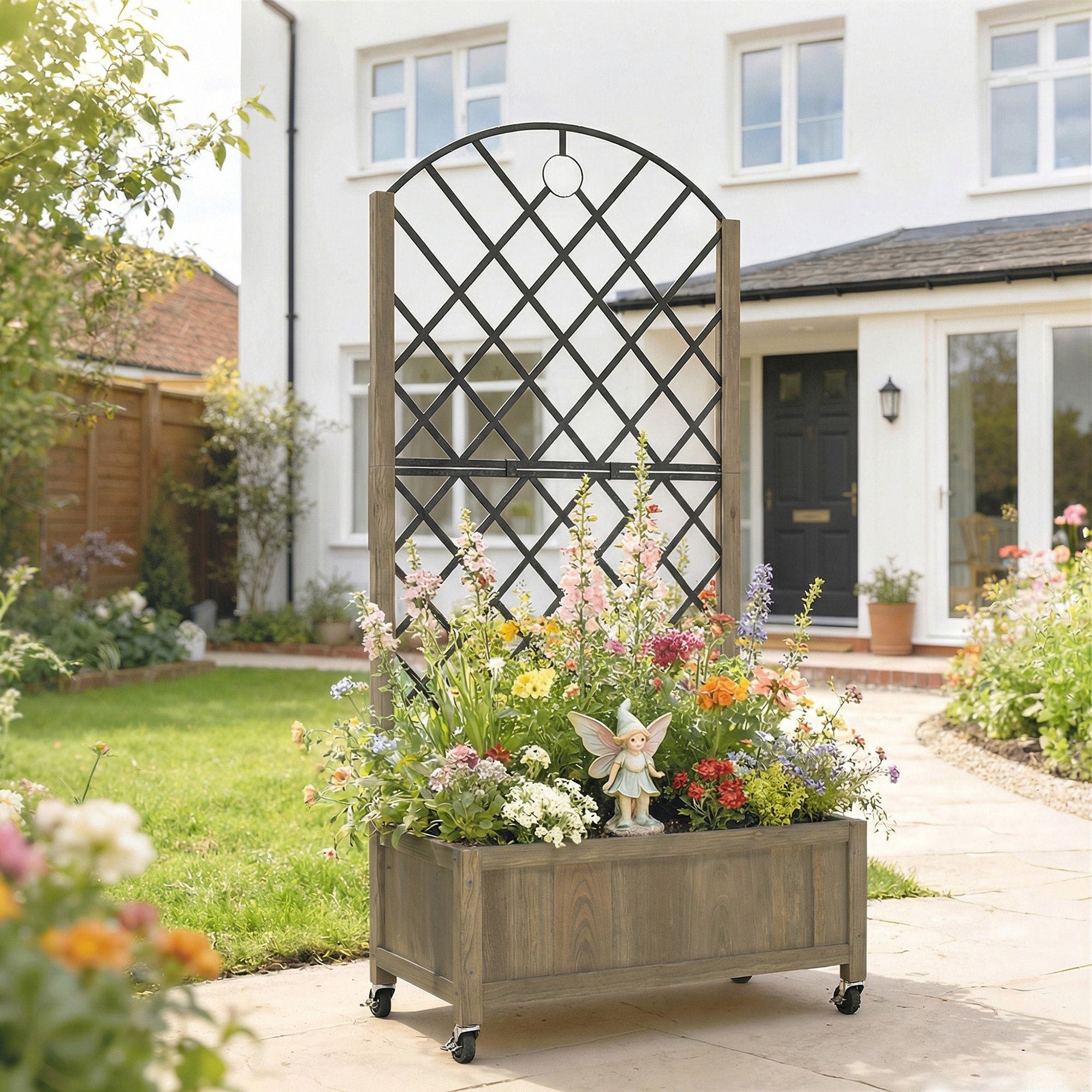 Jardinière mobile treillis haut acier noir bois traité carbonisation