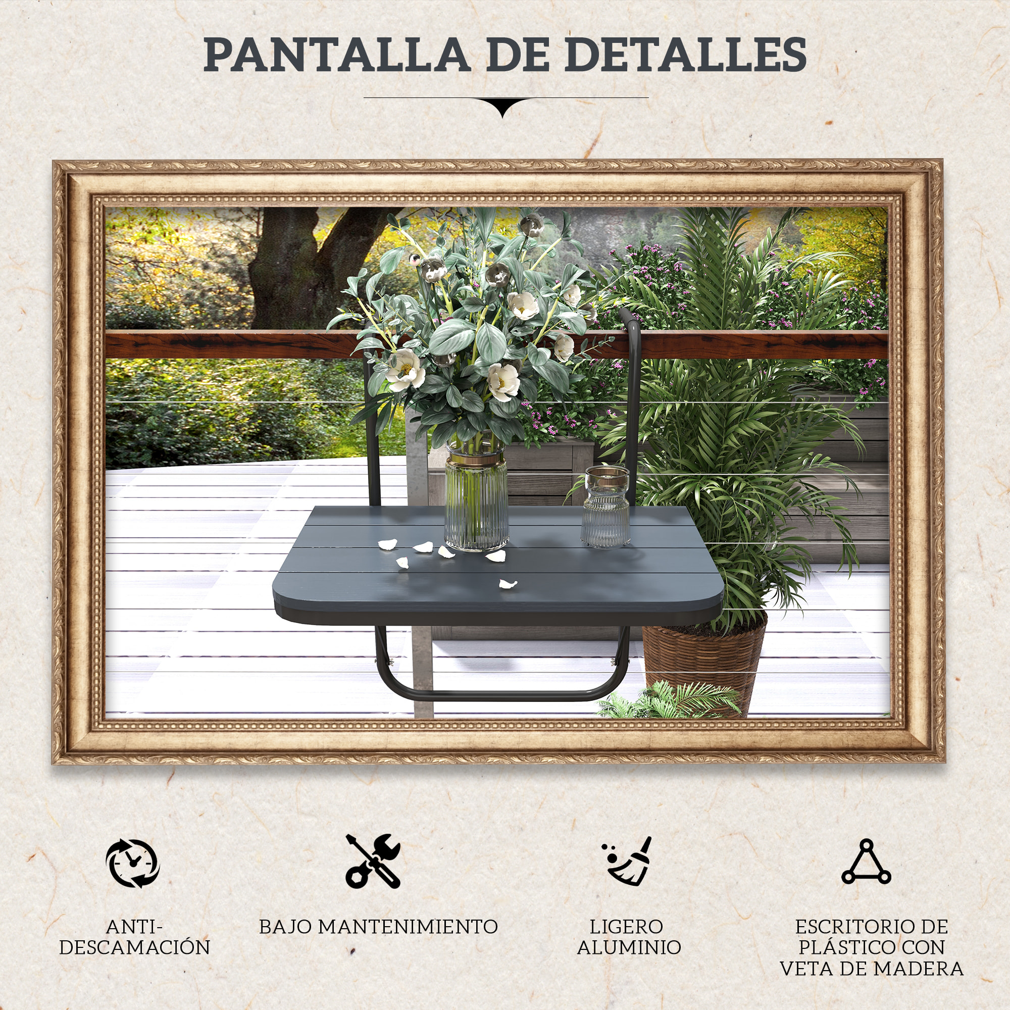 Mesa Colgante de Balcón, Mesa Plegable para Balcón de Aluminio para Barandilla, con Altura Ajustable en 4 Niveles, Adaptable a 4 Anchos, Carga 25 kg, para Jardín, 60x40x55-64 cm, Negro