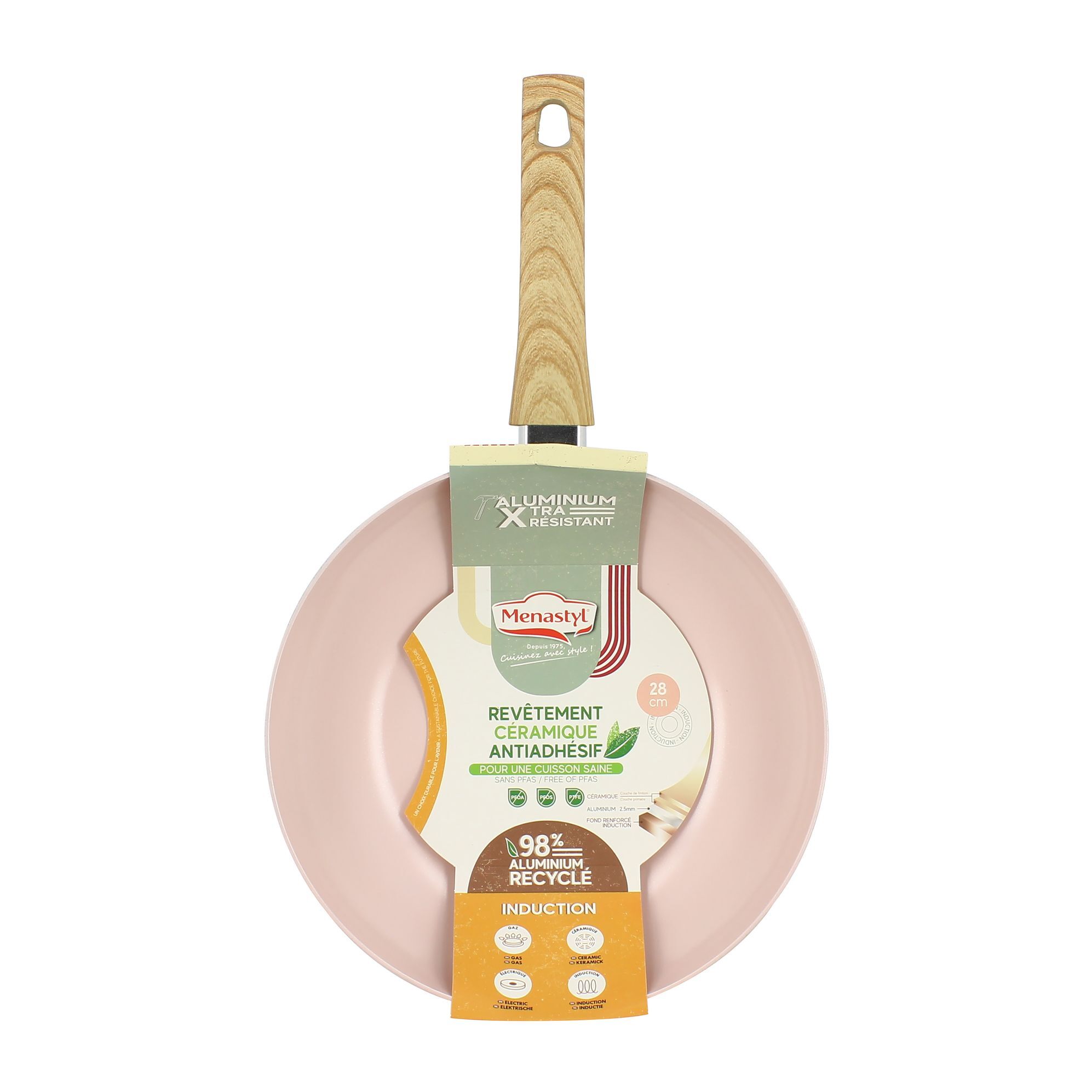 Wok 28cm avec revêtement céramique rose - tous feux COLORAMA