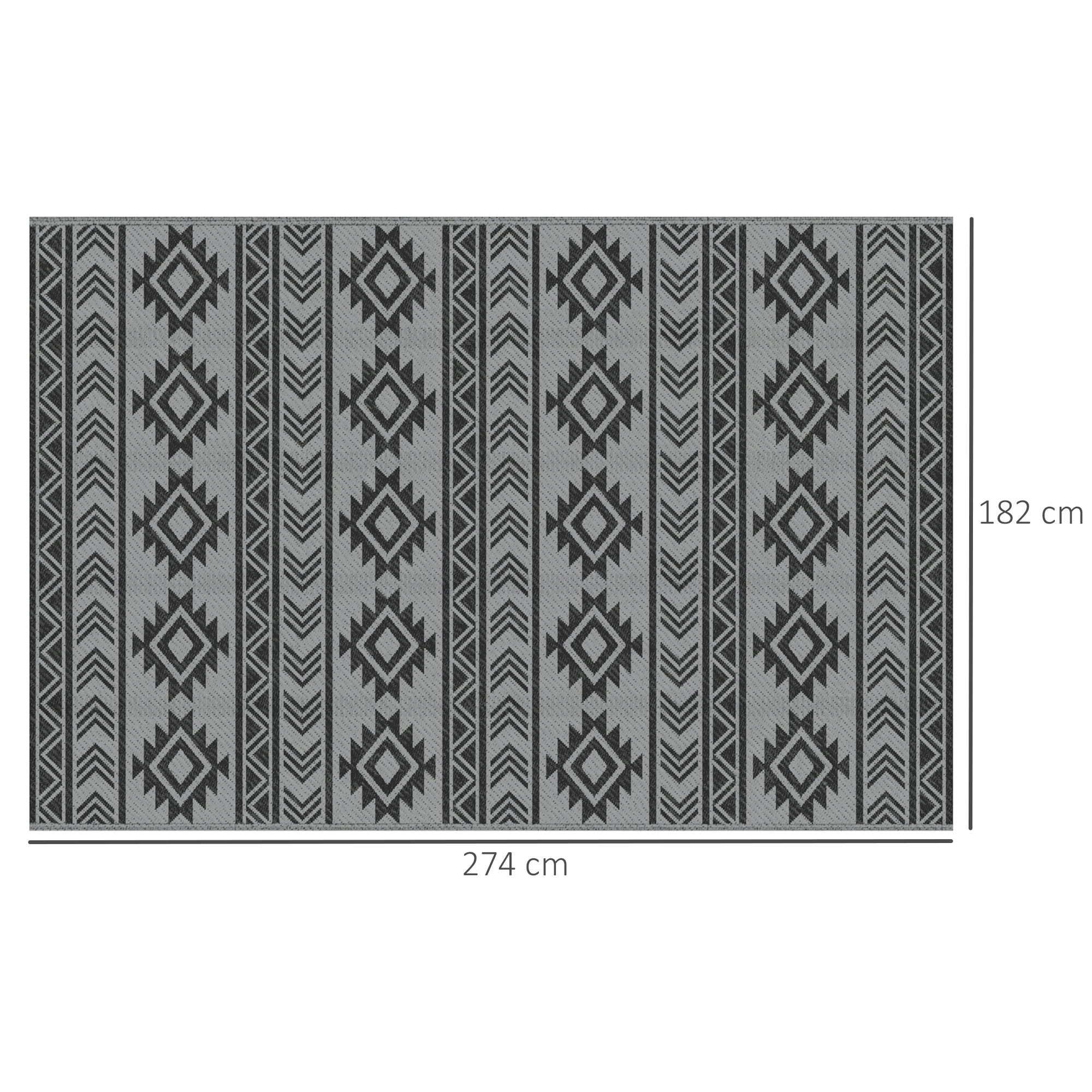 Alfombra de Exterior, 182x274 cm, Alfombra Reversible con Patrón Geométrico, Impermeable, Anti-UV, para Terraza, Balcón, Patio, Camping, Viajes en Autocaravana, Negro y Gris Claro