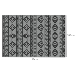 Alfombra de Exterior, 182x274 cm, Alfombra Reversible con Patrón Geométrico, Impermeable, Anti-UV, para Terraza, Balcón, Patio, Camping, Viajes en Autocaravana, Negro y Gris Claro