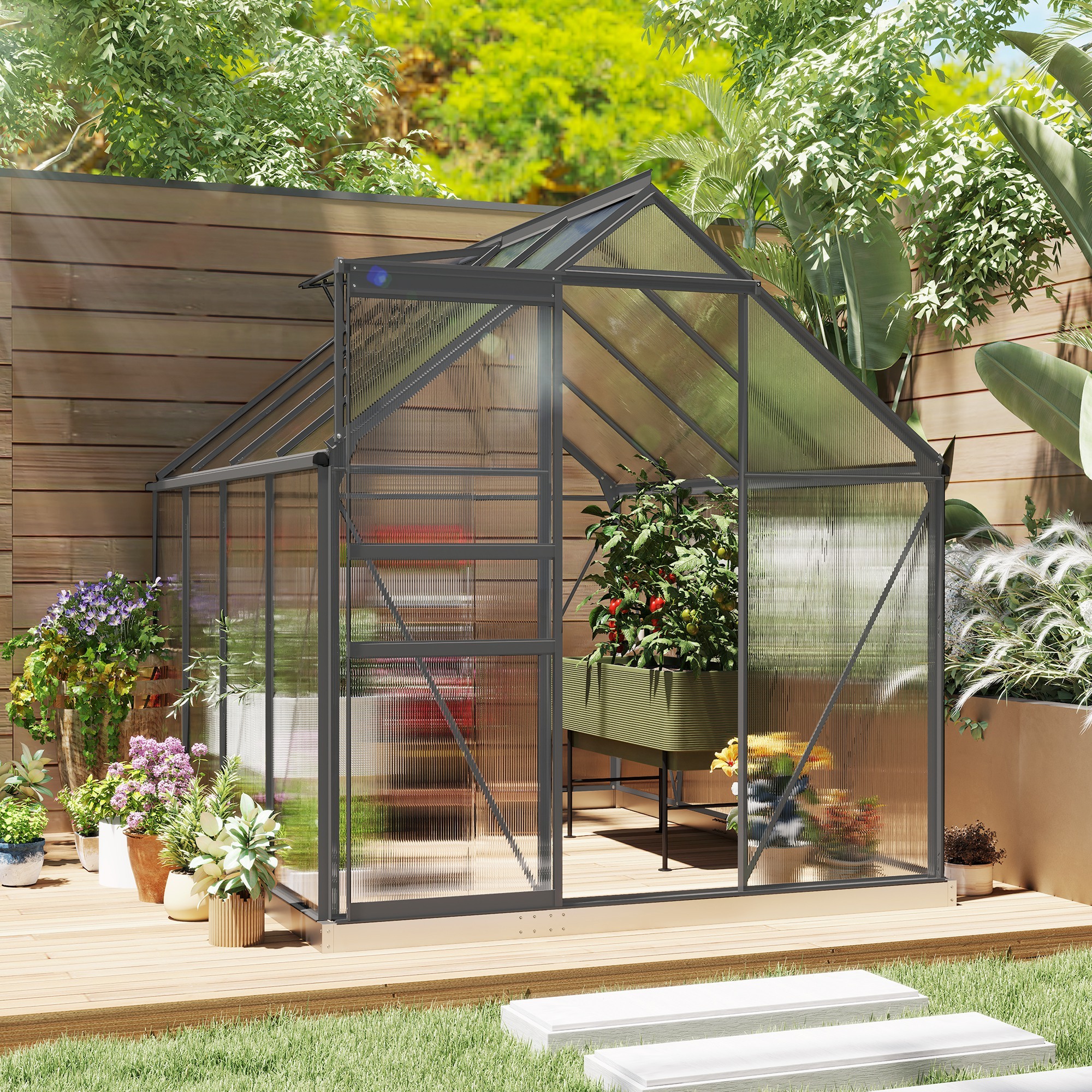 Serre de jardin polycarbonate alu 4,8 m² dim. 2,53L x 1,9l x 1,99H m lucarne réglable fondation porte coulissante gris