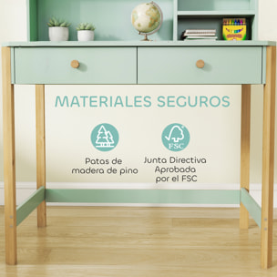Escritorio Infantil, Mesa de Escritorio para Niños con 3 Compartimentos Abiertos y 2 Cajones, Patas de Madera, para Estudio, Entrada, Dormitorio, para Niños de 5-12 Años, 90x52x105 cm, Verde