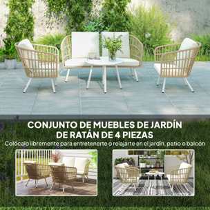 Conjunto de Jardín Exterior de Ratán Sintético de 4 Piezas Muebles de Jardín Exterior con Sofá de 2 Plazas 2 Sillones 1 Mesa de Centro de Metal con Cojines Crema y Natural