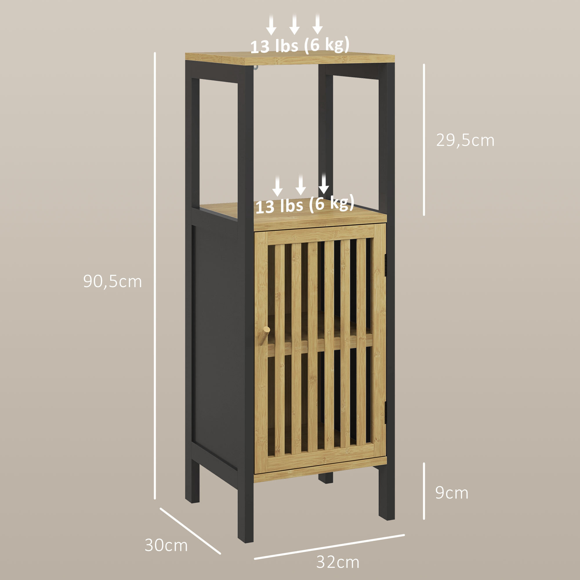 Meuble bas salle de bain - porte, 3 étagères - MDF noir bambou verni