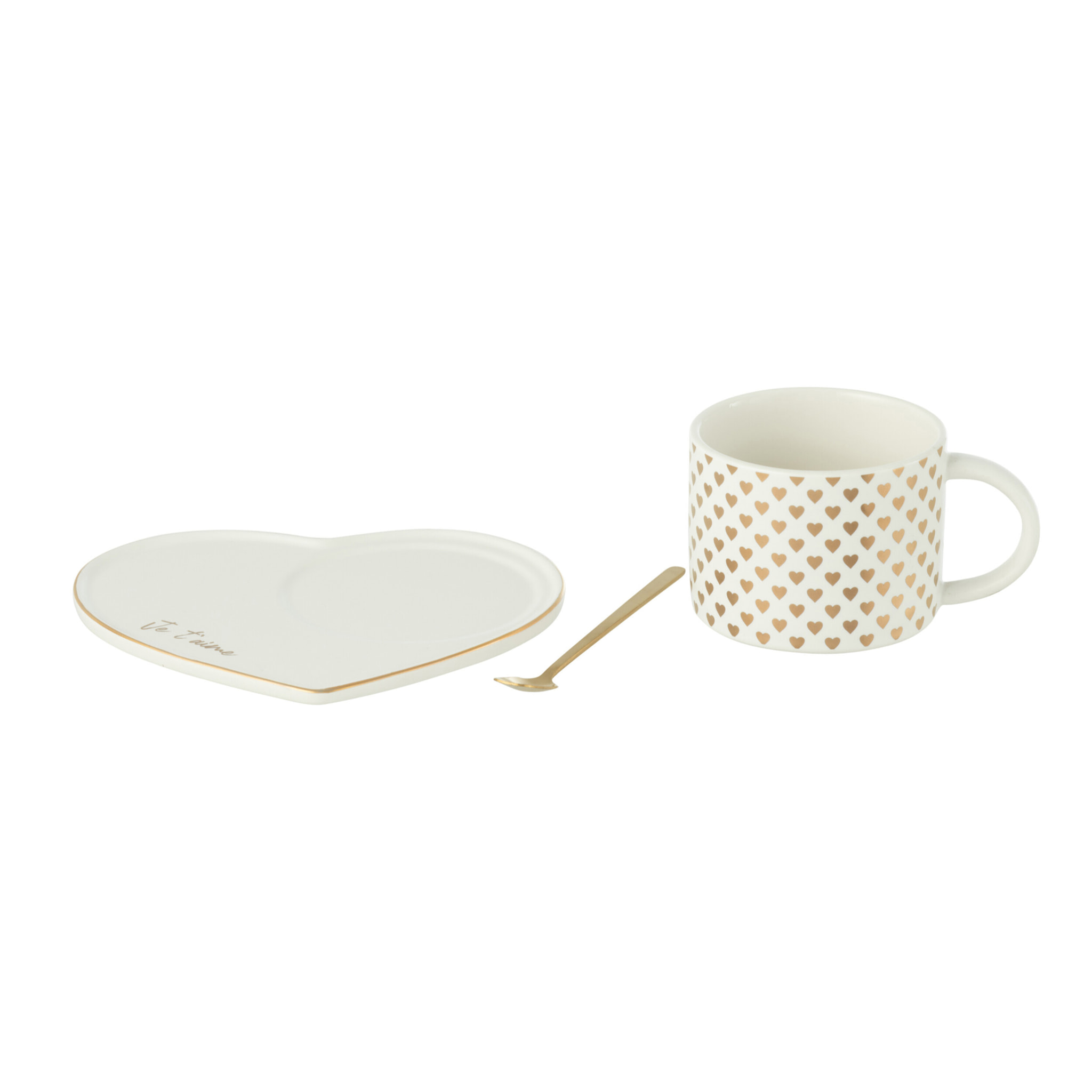 J-Line tasse + sous-tasse + cuillère Coeur - céramique - blanc/or