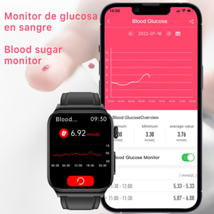 Smartwatch E500 con rilevamento della glicemia, pressione sanguigna e monitor O2. ECG con misurazione del torace. schermo 1,8. Cinturino in pelle.