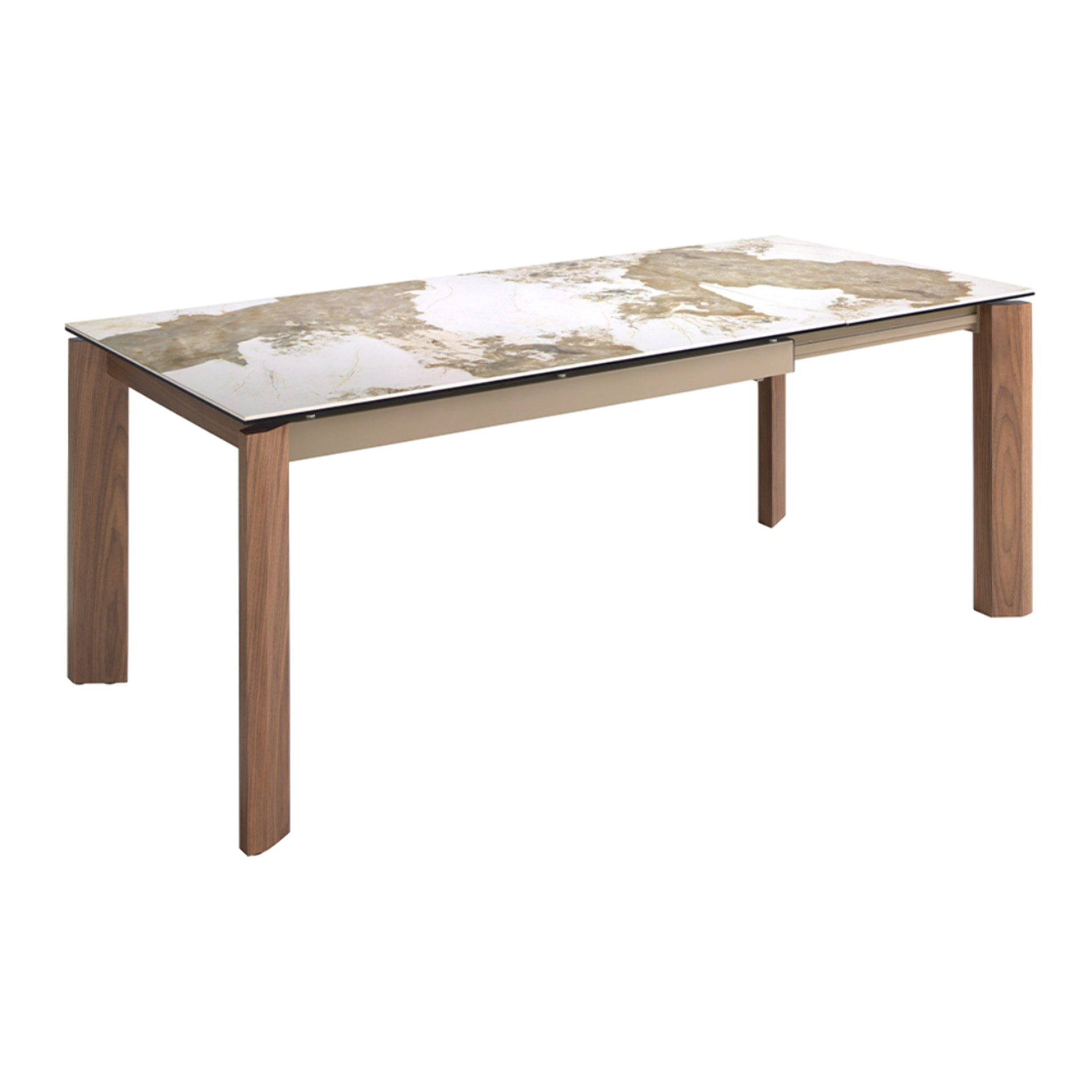 Mesa comedor extensible rectangular con tapa de mármol porcelánico blanco con vetas en tonos tierra en acabado brillo 140x90x76cm