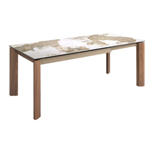 Mesa comedor extensible rectangular con tapa de mármol porcelánico blanco con vetas en tonos tierra en acabado brillo 140x90x76cm