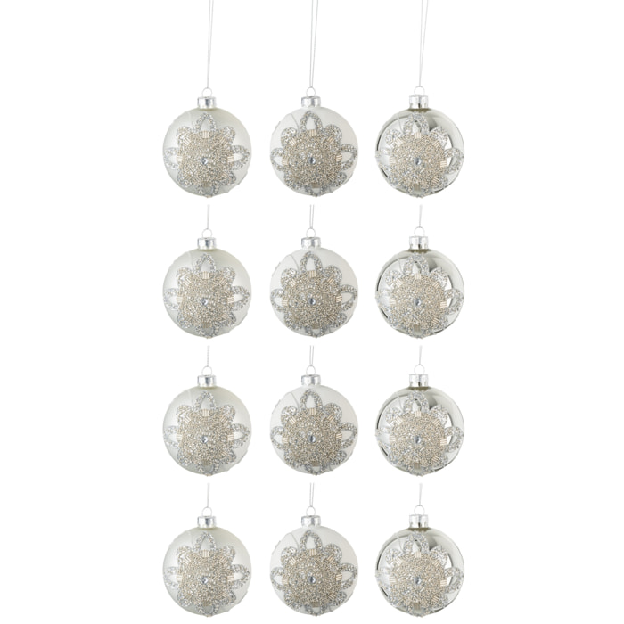 J-Line boule de Noël Ornement Perlés - verre - mat blanc/argenté - small - boîte de 12