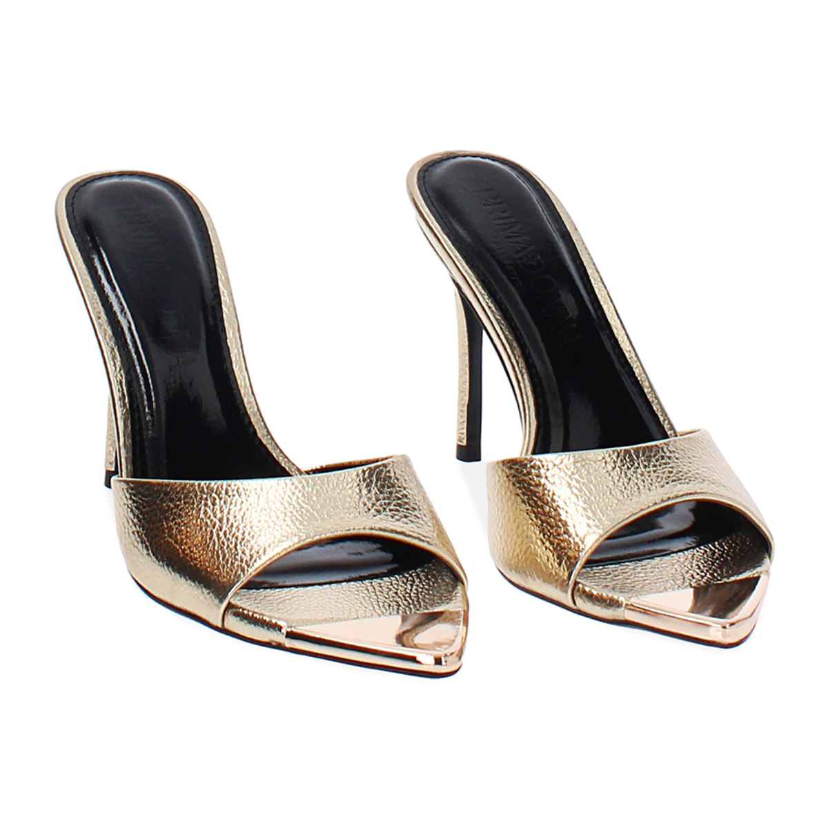 Mules open toe donna oro in laminato, tacco 9,5 cm