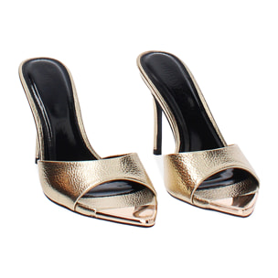 Mules open toe donna oro in laminato, tacco 9,5 cm