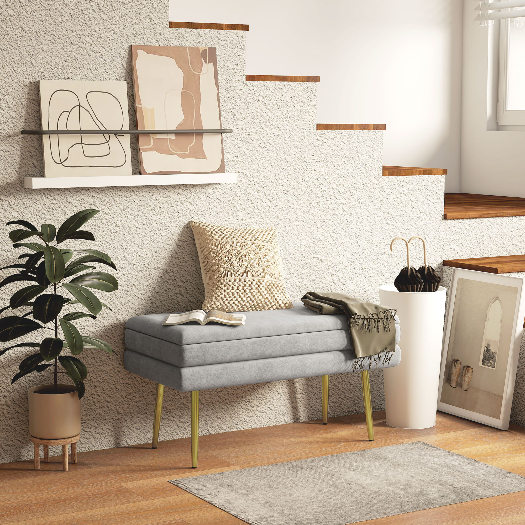 Banquette coffre de rangement 2 en 1 piètement effilé incliné acier doré velours gris clair