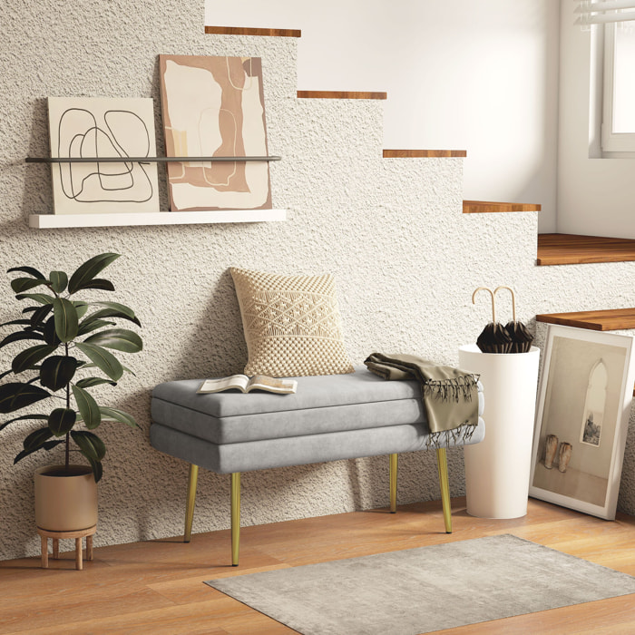 Banquette coffre de rangement 2 en 1 piètement effilé incliné acier doré velours gris clair