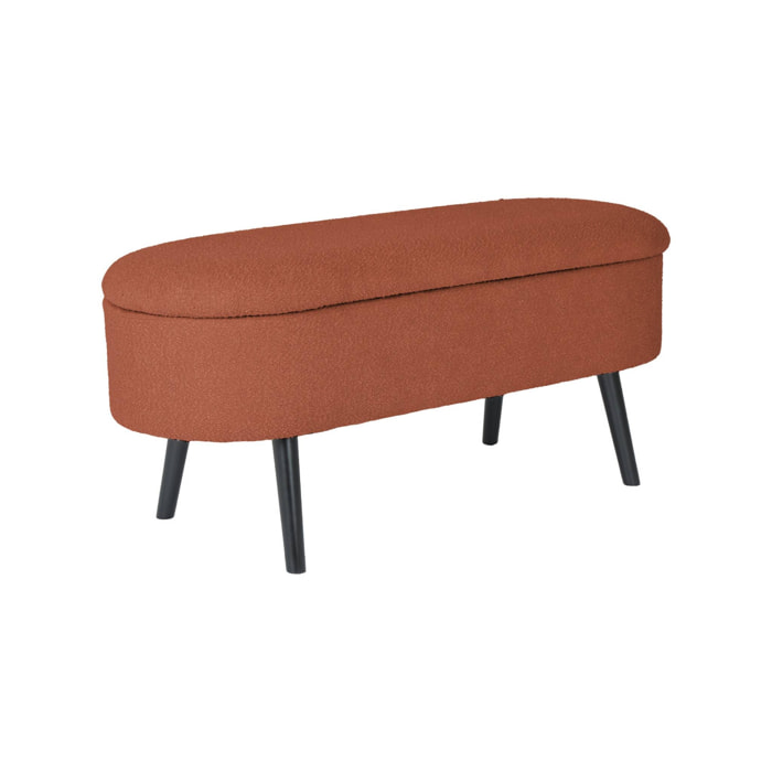 Banc coffre. bout de lit avec revêtement bouclette texturée. rouille. pieds en bois noir. L 112 x 44 x 50cm