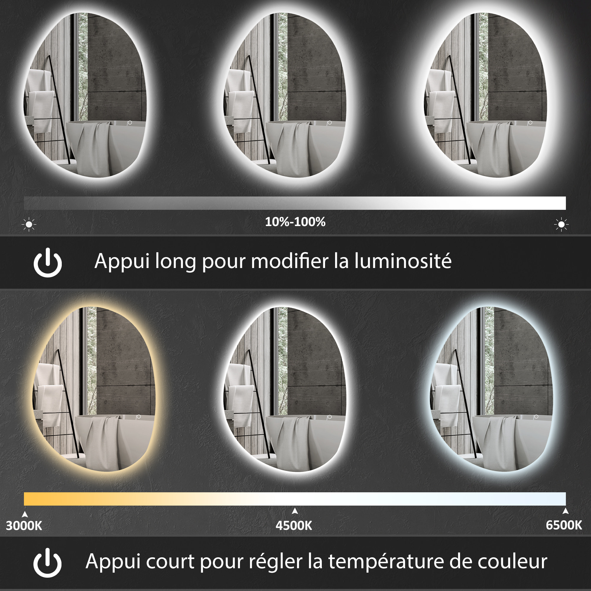 Miroir LED salle de bain réglable 27W - miroir organique 80 x 60 cm - anti-buée tactile - verre trempé
