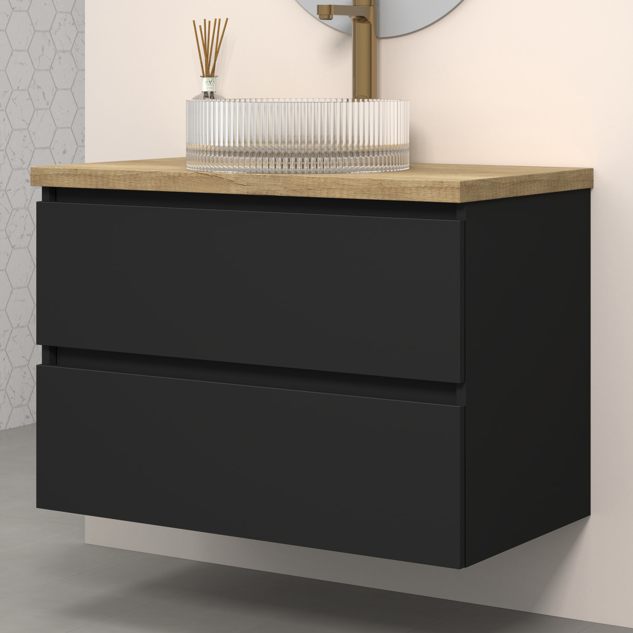 Ensemble de Salle de Bains Kub | 80 cm Noir | Deux Tiroirs | Évier en Verre | Miroir non inclus | Meubles Assemblés | Alday
