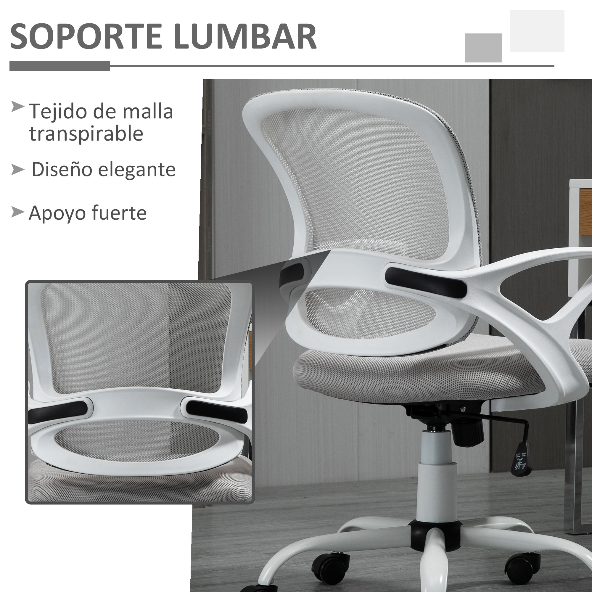 Vinsetto Silla de Oficina Ergonómica Silla de Escritorio Basculante con Altura Ajustable Asiento Giratorio 360° y Soporte Lumbar Malla Transpirable 61x61x89-99 cm Gris