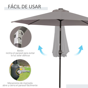 Sombrilla de Jardín con 32 Luces LED Solares Ø265x233 cm Parasol Inclinable con Manivela y Poste de Acero para Terraza Patio Exterior Gris
