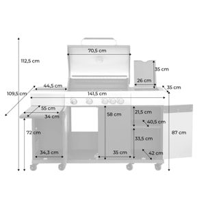 Barbecue gaz 4 brûleurs + 1 feu latéral, cuisine d'extérieure avec tablettes, thermomètre et housse MAXIM AVEC HOUSSE