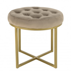 ALBANE - Tabouret rond 41x41cm velours taupe avec boutons pieds croisés métal doré