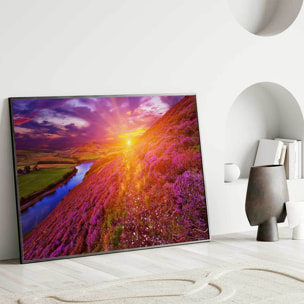 Affiche encadrée paysage de lande fleurie au coucher du soleil Affiche + cadre en métal - Noir