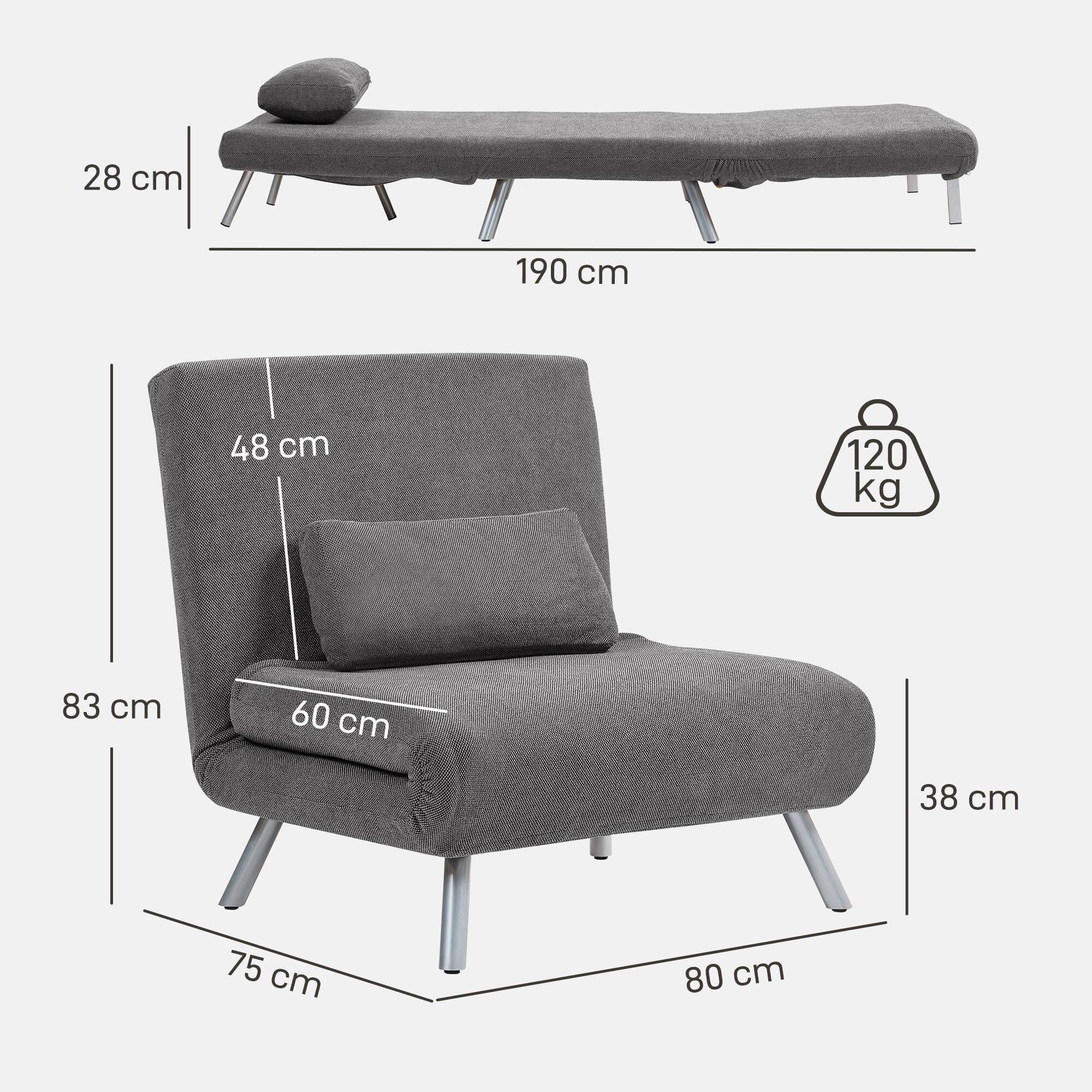 Sofá Cama de 1 Plazas 3 en 1 Sillón Cama Plegable Tapizado en Chenilla con Respaldo Ajustable de 5 Niveles y Almohada Acolchada para Oficina Dormitorio Salón 80x75x83 cm Negro