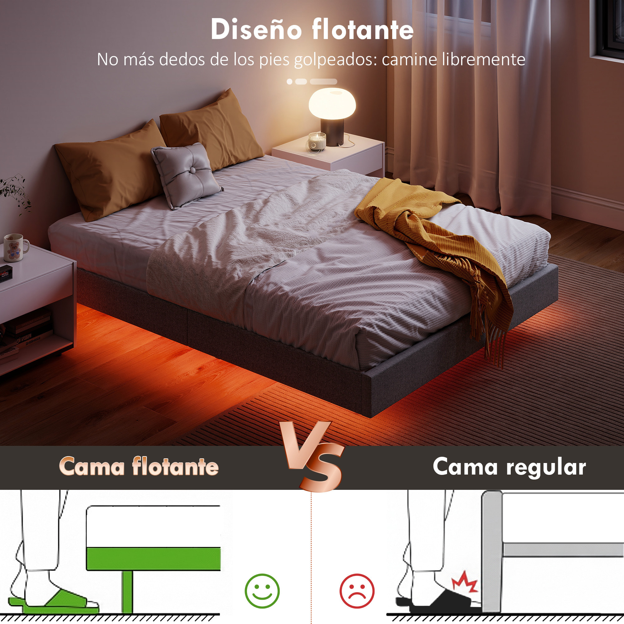 Somier Flotante 140x190 cm con Luces LED, Estructura de Cama, Tapizado en Lino, Láminas de Madera, Silencioso, Fácil de Montar, Gris