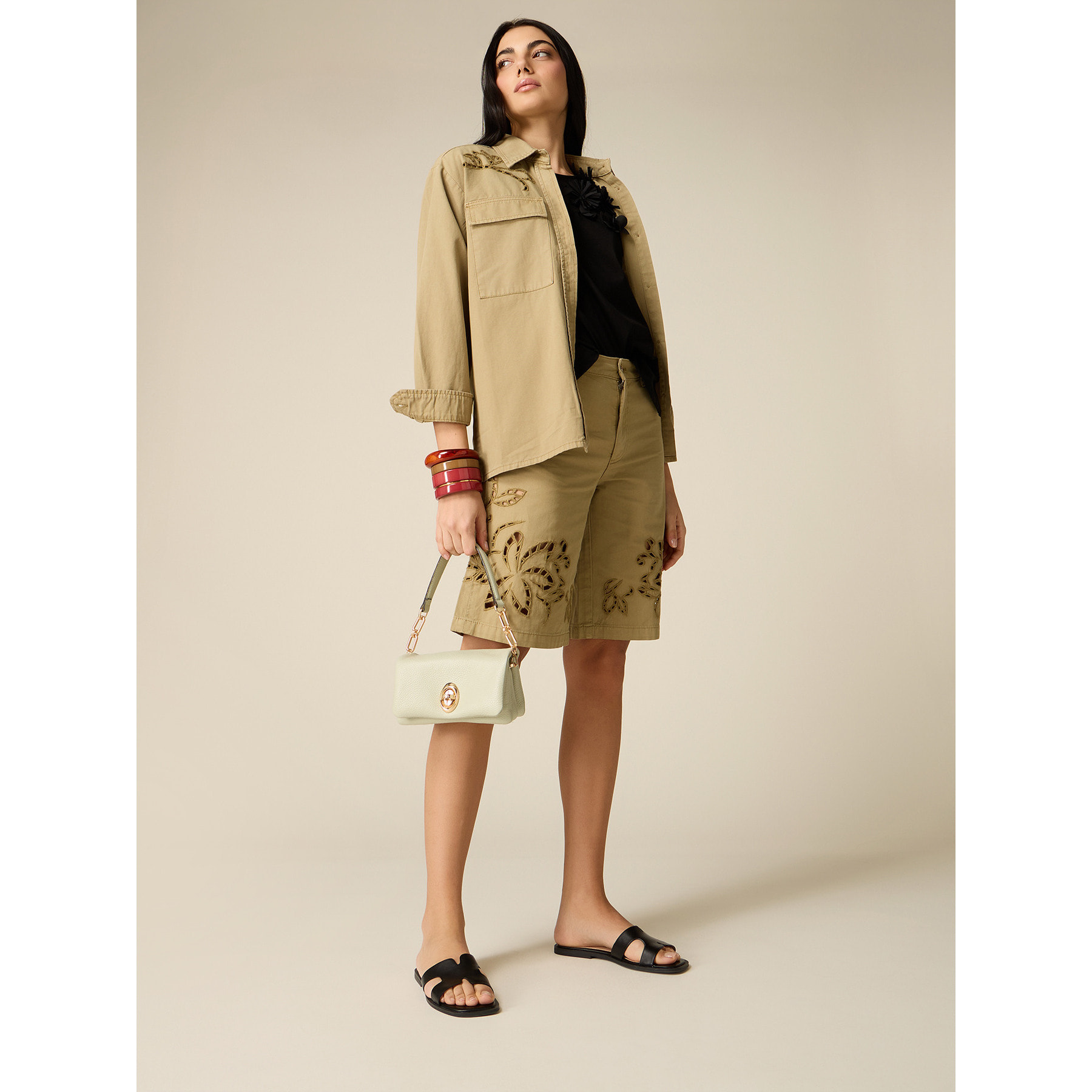 Oltre - Bermudas de algodón con bordados see-through - Verde militare