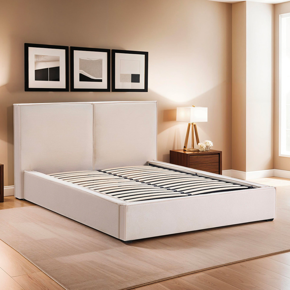 Lit Coffre en velours côtelé Intemporel | Coloris Beige