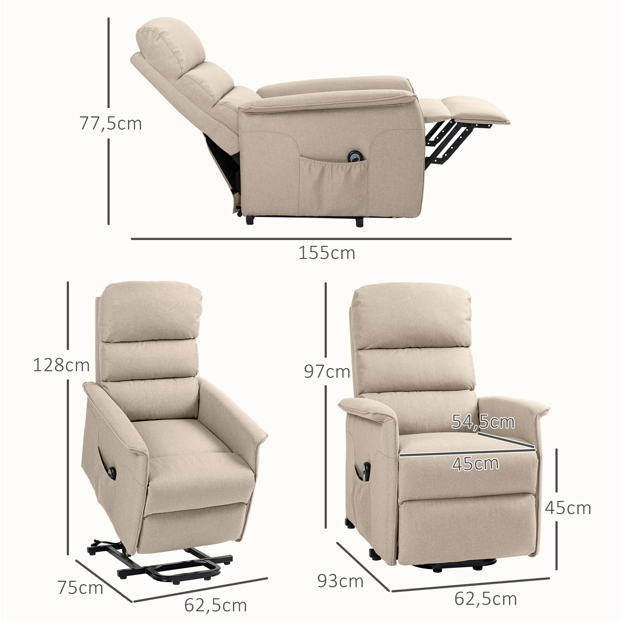 Fauteuil releveur inclinable massant chauffant - 2 télécommandes, roulettes, pochette - tissu beige chiné