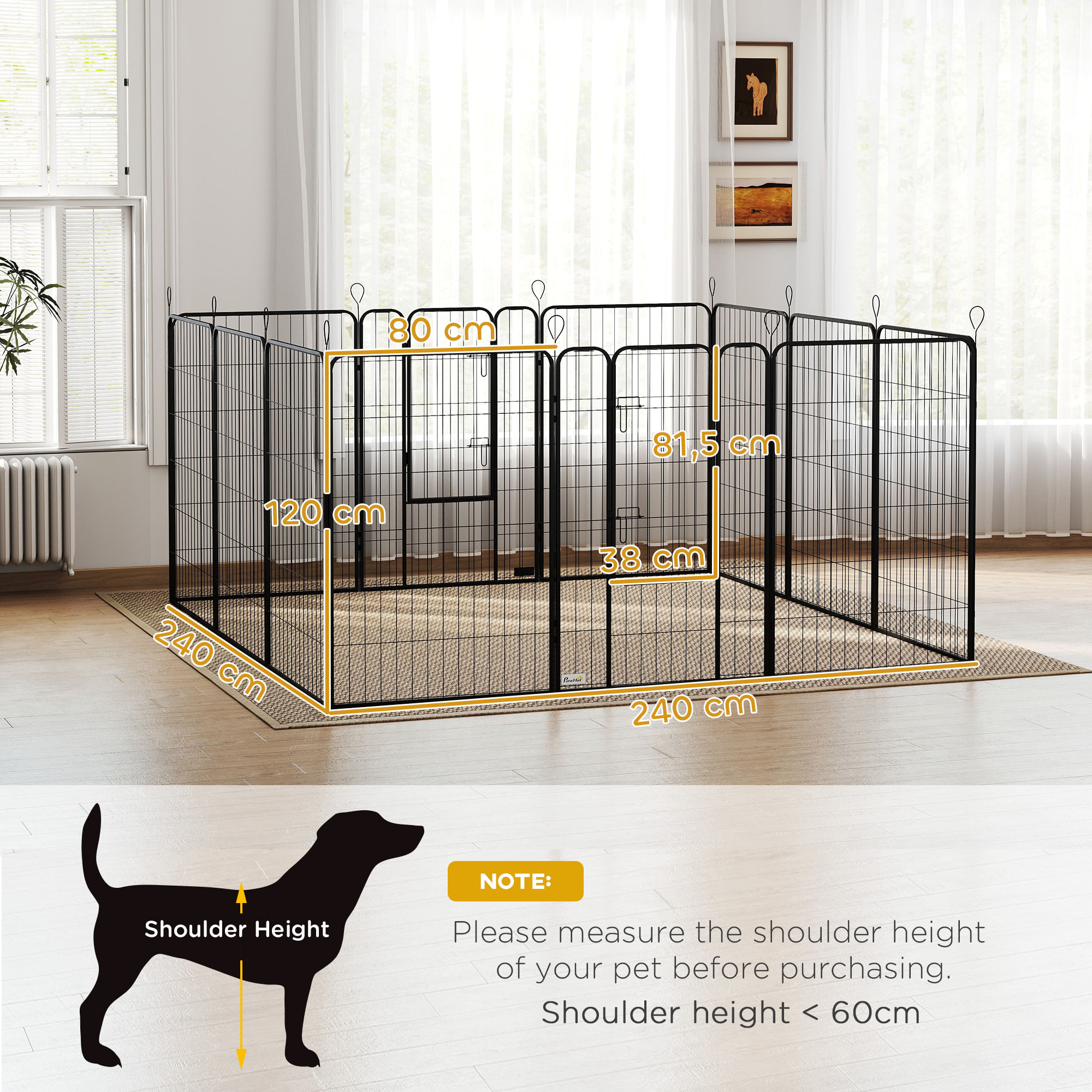 Parque para Perros Vallas para Mascotas de 12 Paneles 80x120 cm con 2 Puertas con Pestillo Corralito para Perros Grandes Medianos y Pequeños de Acero para Interior y Exterior Negro