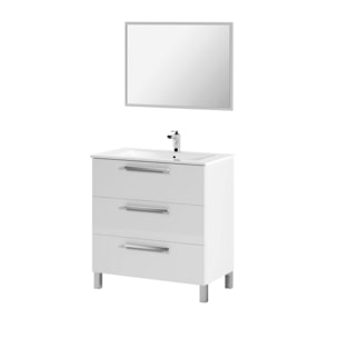 Mobile sottolavabo Palmdale, Mobiletto per bagno, Armadio a 3 cassetti e specchio, lavabo non incluso, cm 80x45h86, Bianco lucido