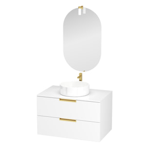Meuble Salle de Bains 80cm Laqué Blanc et Or Doré 2 Tiroirs - Vasque Blanche - Miroir & Applique Led