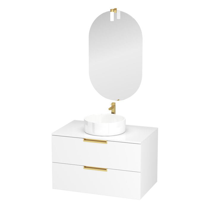 Meuble Salle de Bains 80cm Laqué Blanc et Or Doré 2 Tiroirs - Vasque Blanche - Miroir & Applique Led