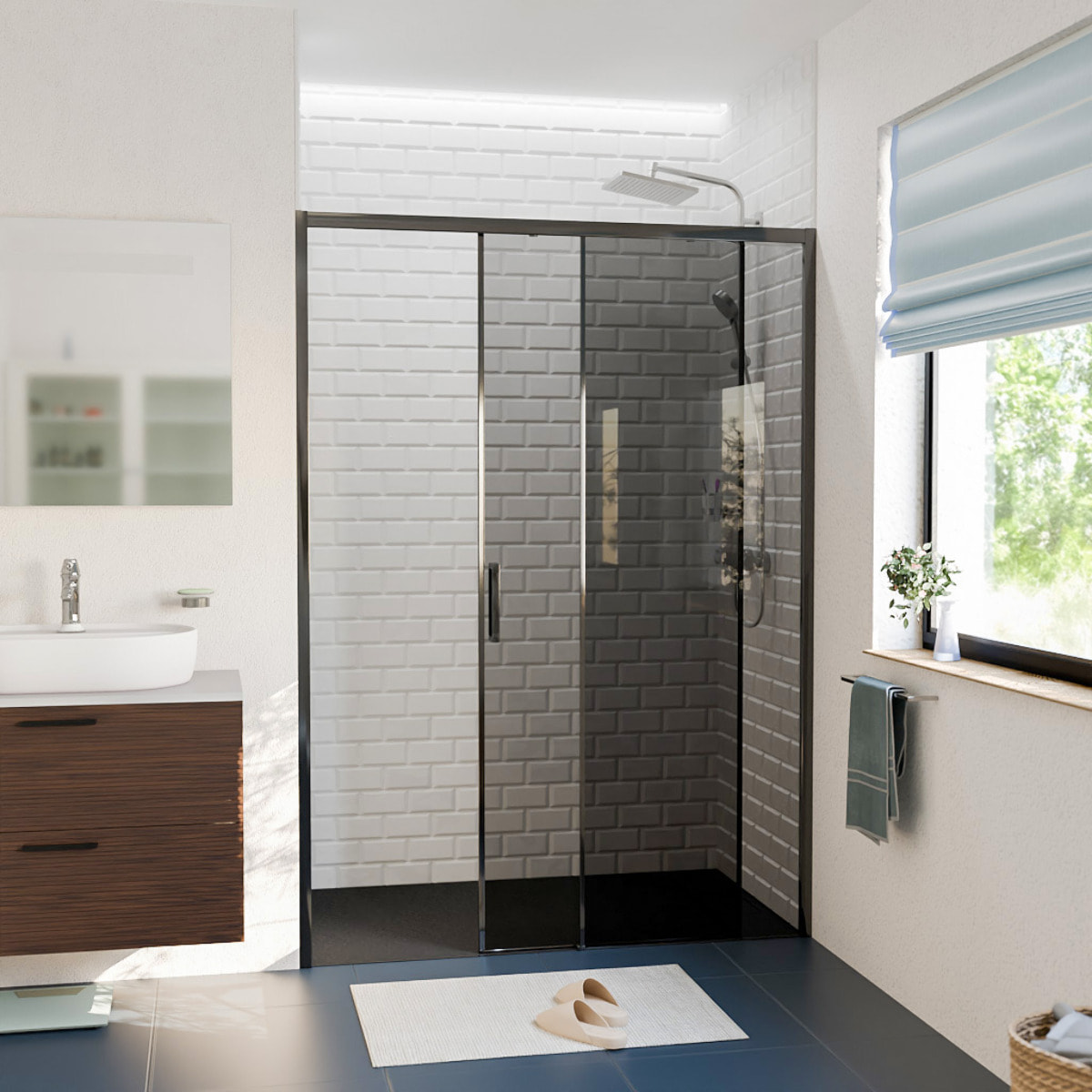 PURA Porte de douche 140x195cm coulissa40BGGnte anticalcaire avec profilés Noir mat (CERAHP1)